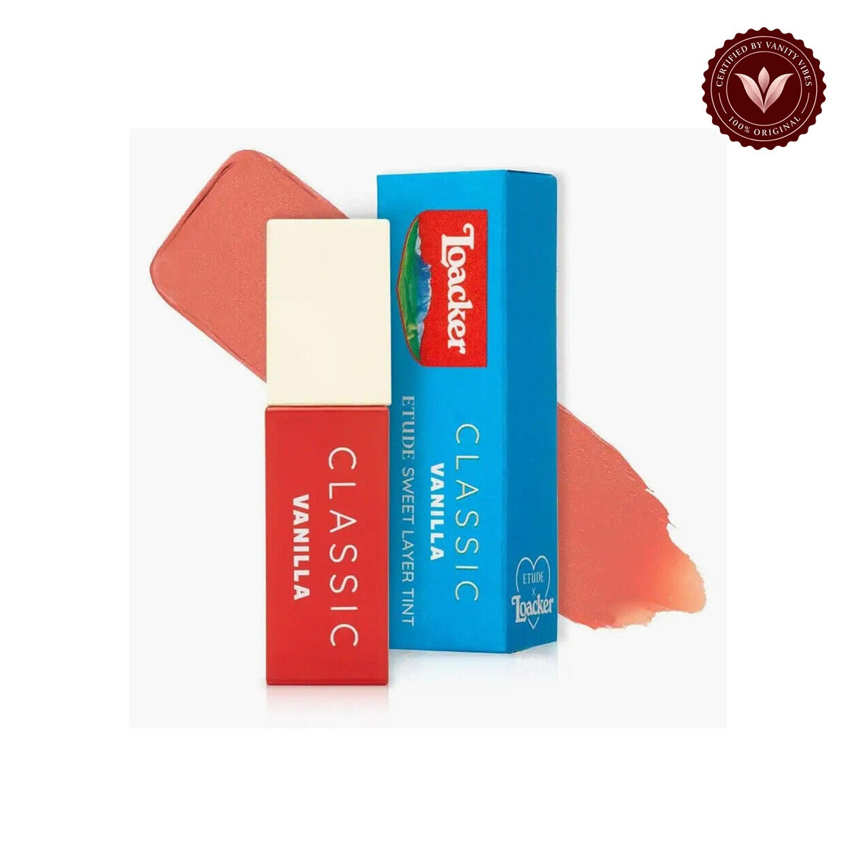 ETUDE x Loacker Sweet Layer Tint 01 Vanilla on white background with Vanity Vibes badge