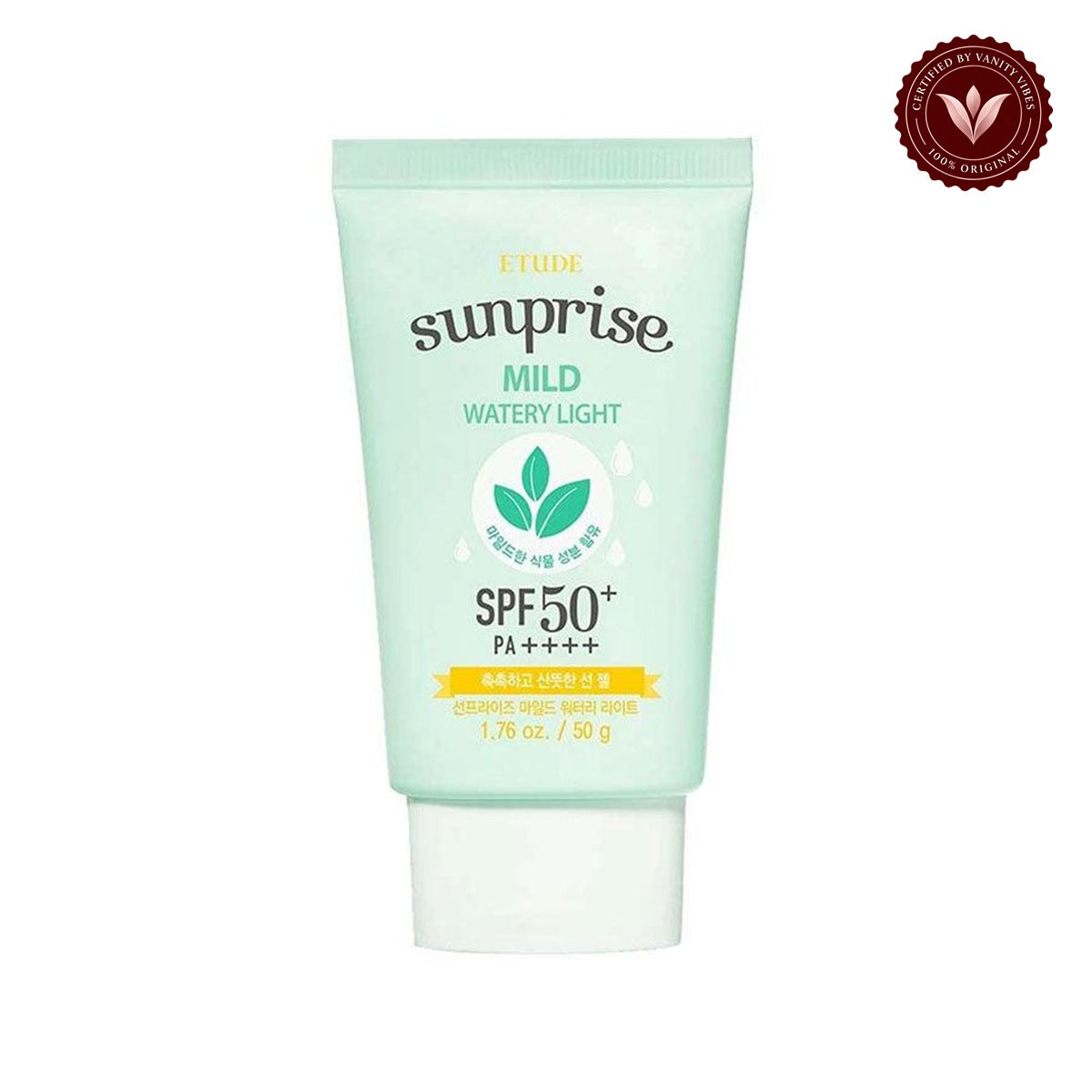 ETUDE Sunprise Mild Watery Light SPF50+ PA+++ 50 g on white background with Vanity Vibes badge