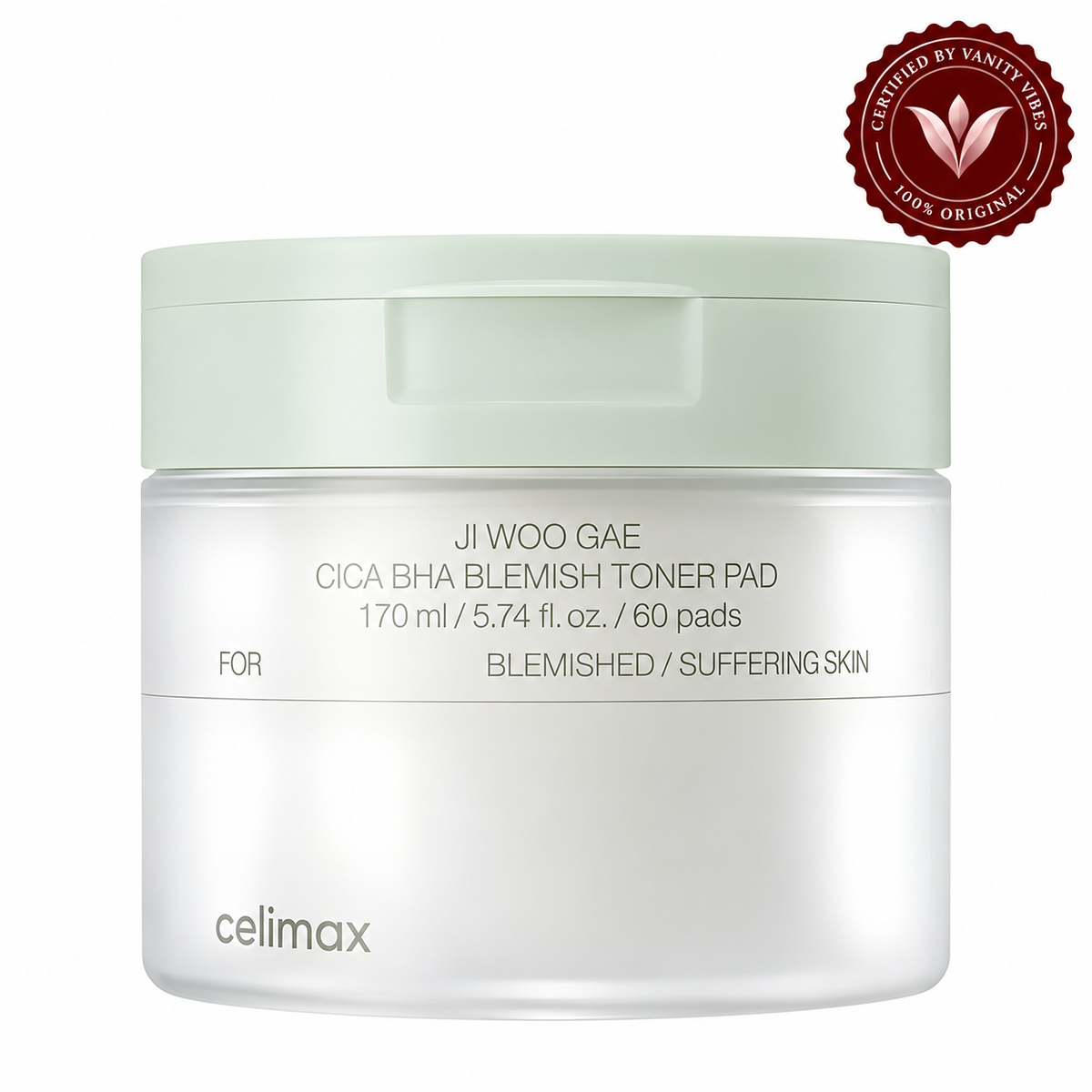 Celimax Ji Woo Gae Cica BHA Blemish Toner Pad 60 Pads — front product image with Vanity Vibes seal
