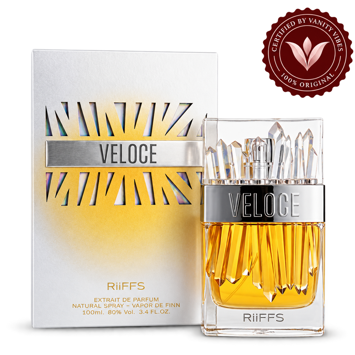 Riiffs Veloce bottle and box with Vanity Vibes seal