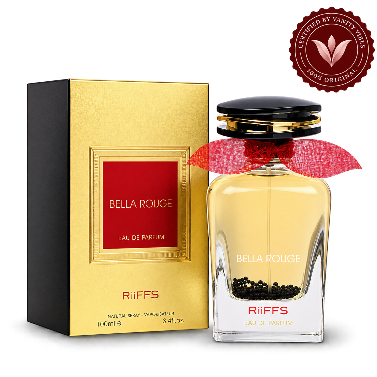 Riiffs Bella Rouge bottle and box with Vanity Vibes seal