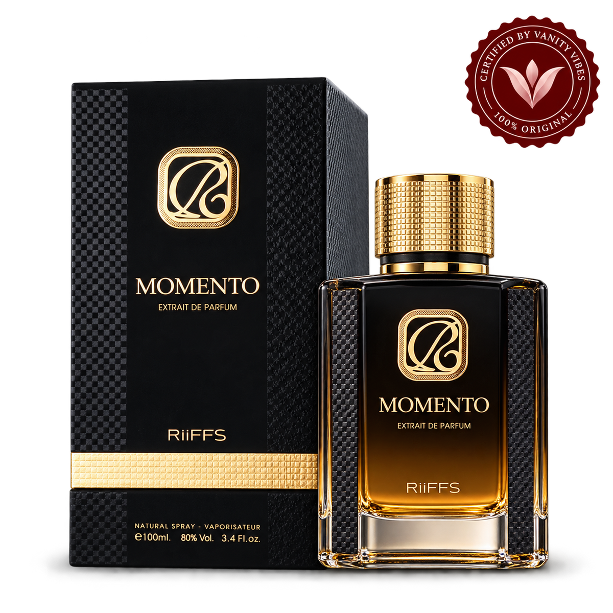 Riiffs Momento bottle and box with Vanity Vibes seal