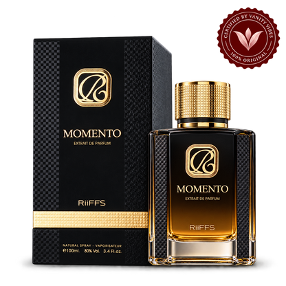 Riiffs Momento bottle and box with Vanity Vibes seal