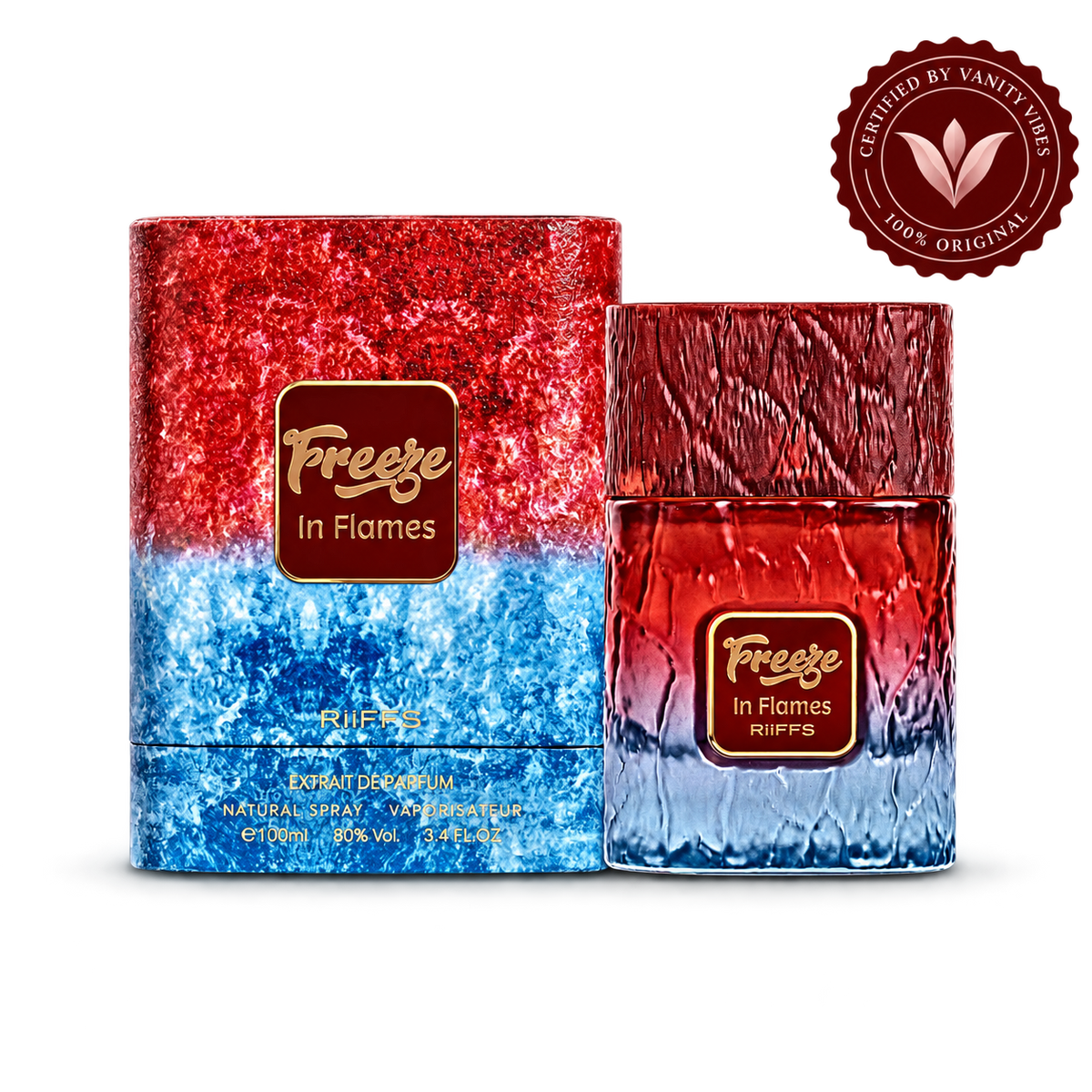 Riiffs Freeze In Flames bottle and box with Vanity Vibes seal