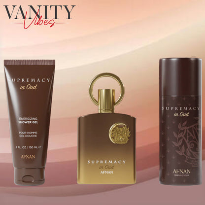 Afnan Supremacy In Oud Gift Set,For Men & Women, Extrait de Parfum 100ml / Shower gel 150ml / Perfume Deo Spray 150ml