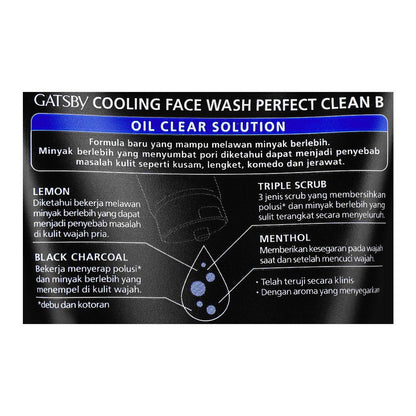 Gatsby Oil Clear Solution Perfect Clean Charcoal + Lemon Cooling Face Wash 100g - Deep Cleansing Oil Control Charcoal Face Wa