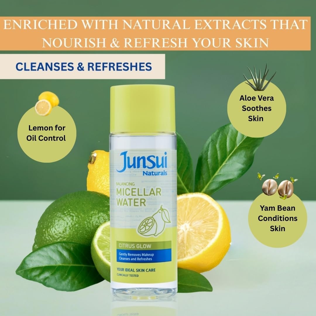 Junsui Citrus Glow Micellar Water 140ml – Gentle Makeup Remover & Facial Cleansing Water for Deep Cleansing, Brightening Citr