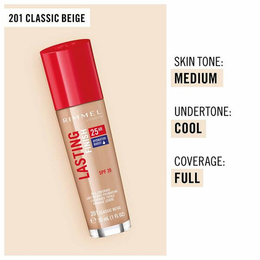 Rimmel Lasting Finish 25 Hour Foundation with Comfort Serum, SPF 20, 201 Classic Beige 30ml