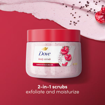 Dove Exfoliating Body Scrub Crushed Cherries & Chia Milk 15oz – Body Polish for Smooth, Soft & Glowing Skin