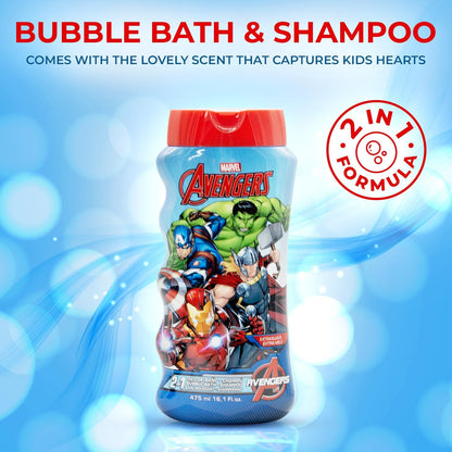 Lorenay Marvel Avengers 2-in-1 Bubble Bath & Shampoo 475ml - Gentle Kids Hair & Body Wash for Soft Cleansing, Fun Bath Time &