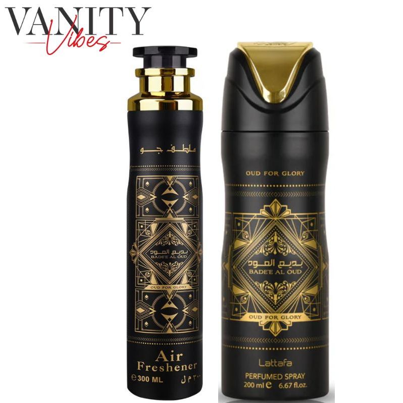 Badee Al Oud Oud For Glory Deodorant Spray 200ml + Badee Al Oud Oud For Glory Air Freshener 300ml by Lattafa (Pack of 2)