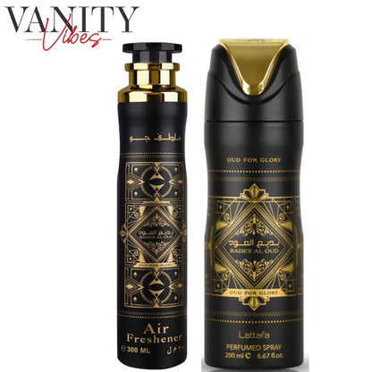 Badee Al Oud Oud For Glory Deodorant Spray 200ml + Badee Al Oud Oud For Glory Air Freshener 300ml by Lattafa (Pack of 2)