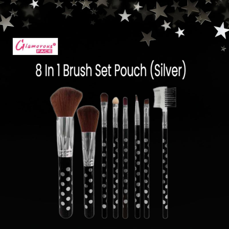 Glamorous Face 8 In 1 Brush Set Pouch (Silver)