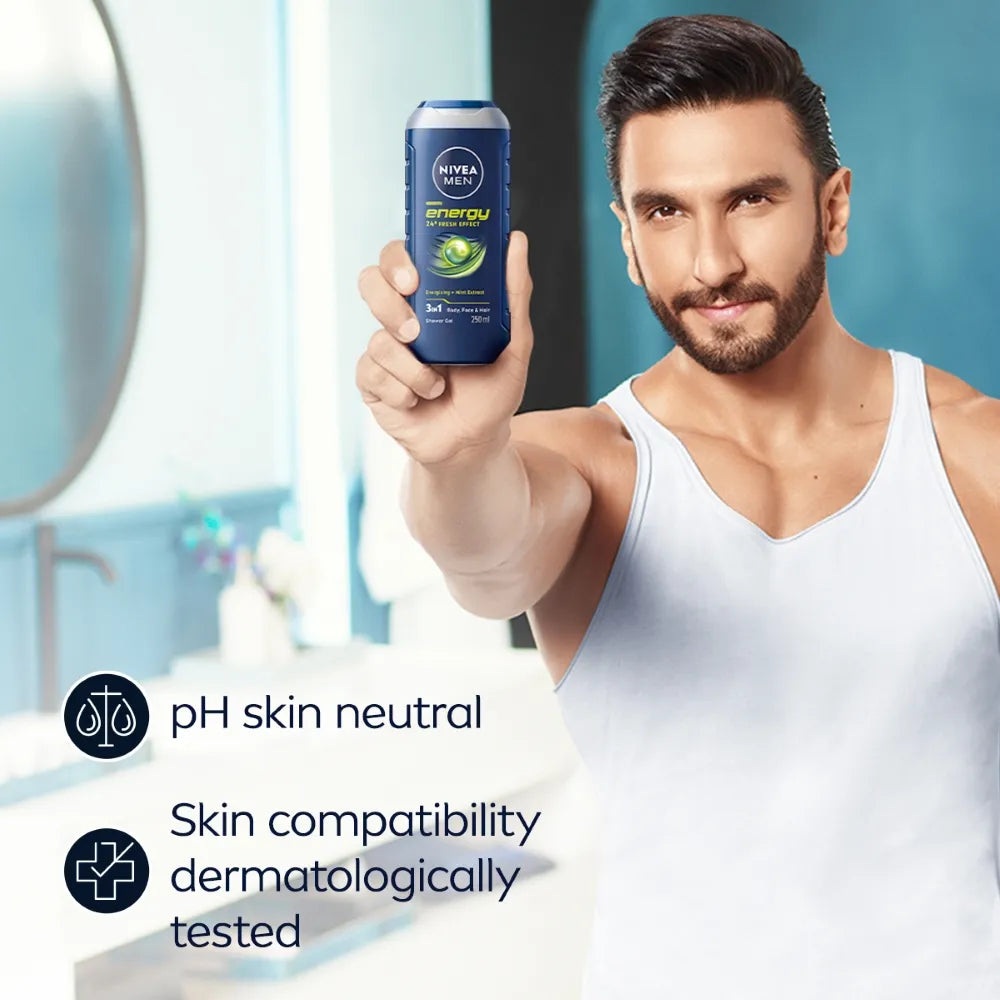Nivea Men Energy 24H Fresh Effect 3-In-1 Shower Gel For Body, Face & Hair 250ml