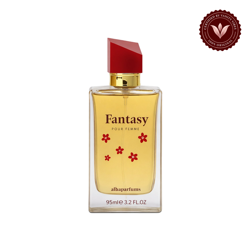 Alba Fantasy Pour Femme; single front-facing product, transparent background, Vanity Vibes badge
