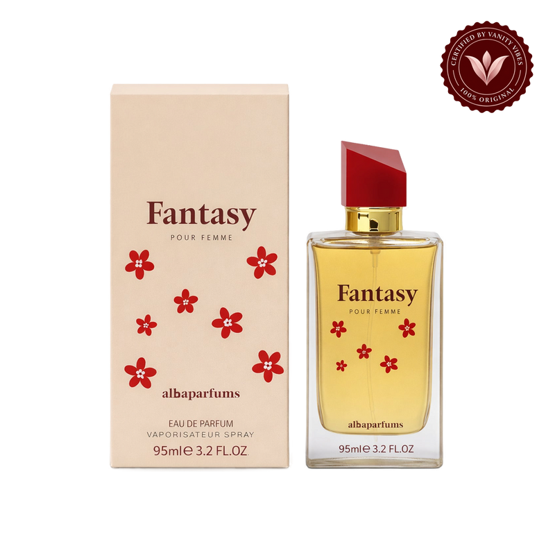 Alba Fantasy Pour Femme; bottle and box, transparent background, Vanity Vibes badge