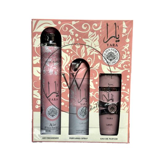 Lattafa Yara 3 Pcs Gift Set With 100ml Perfume EDP + 200ml Deo + 300ml Air Freshner