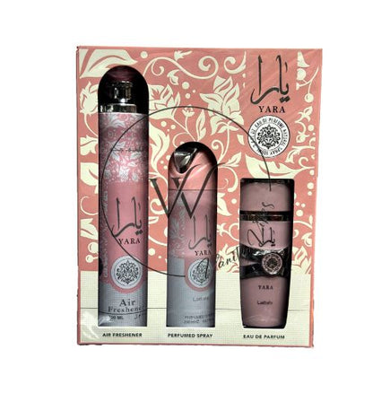 Lattafa Yara 3 Pcs Gift Set With 100ml Perfume EDP + 200ml Deo + 300ml Air Freshner