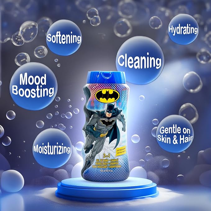 Lorenay Batman 2-in-1 Bubble Bath & Shampoo 475ml - Kids Gentle Hair & Body Wash for Soft Cleansing, Fun Bath Time & Long Las
