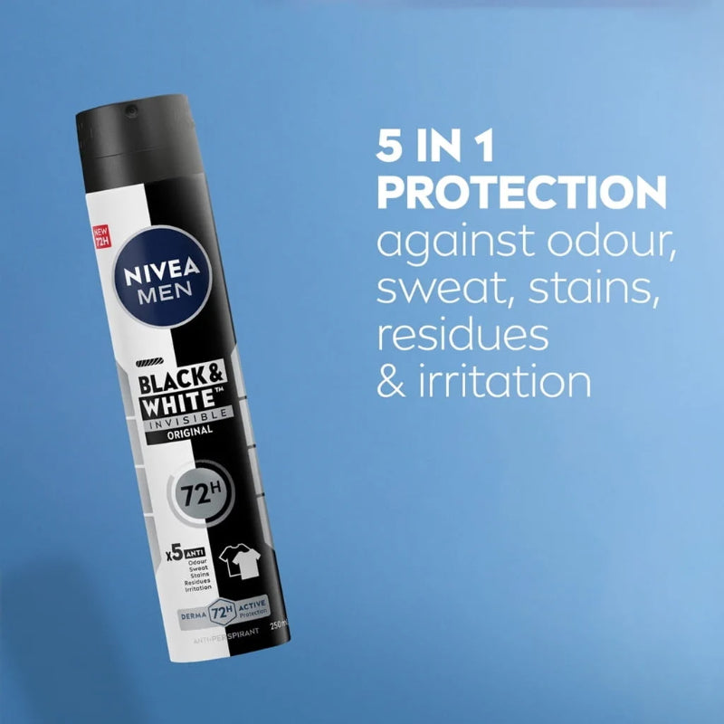 Nivea Men Black & White Invisible Antiperspirant Deodorant Spray Original 72H Active Protection 250ml