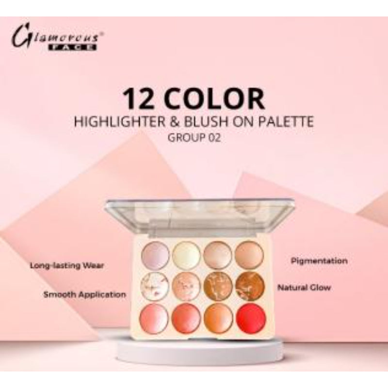 Glamorous Face 12 Color Highlighter & Blush On Palette (02)