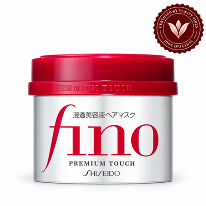 Shiseido Fino Premium Touch Hair Mask 230g jar on white background with Vanity Vibes stamp