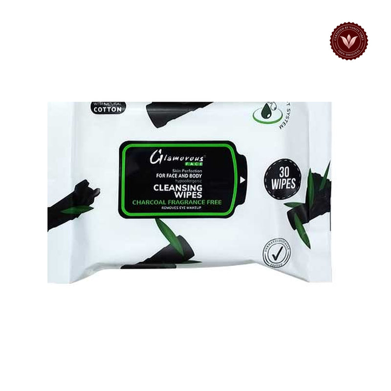 Glamorous Face Charcoal Cleansing Makeup Remover Wipes centered on white with Vanity Vibes badge