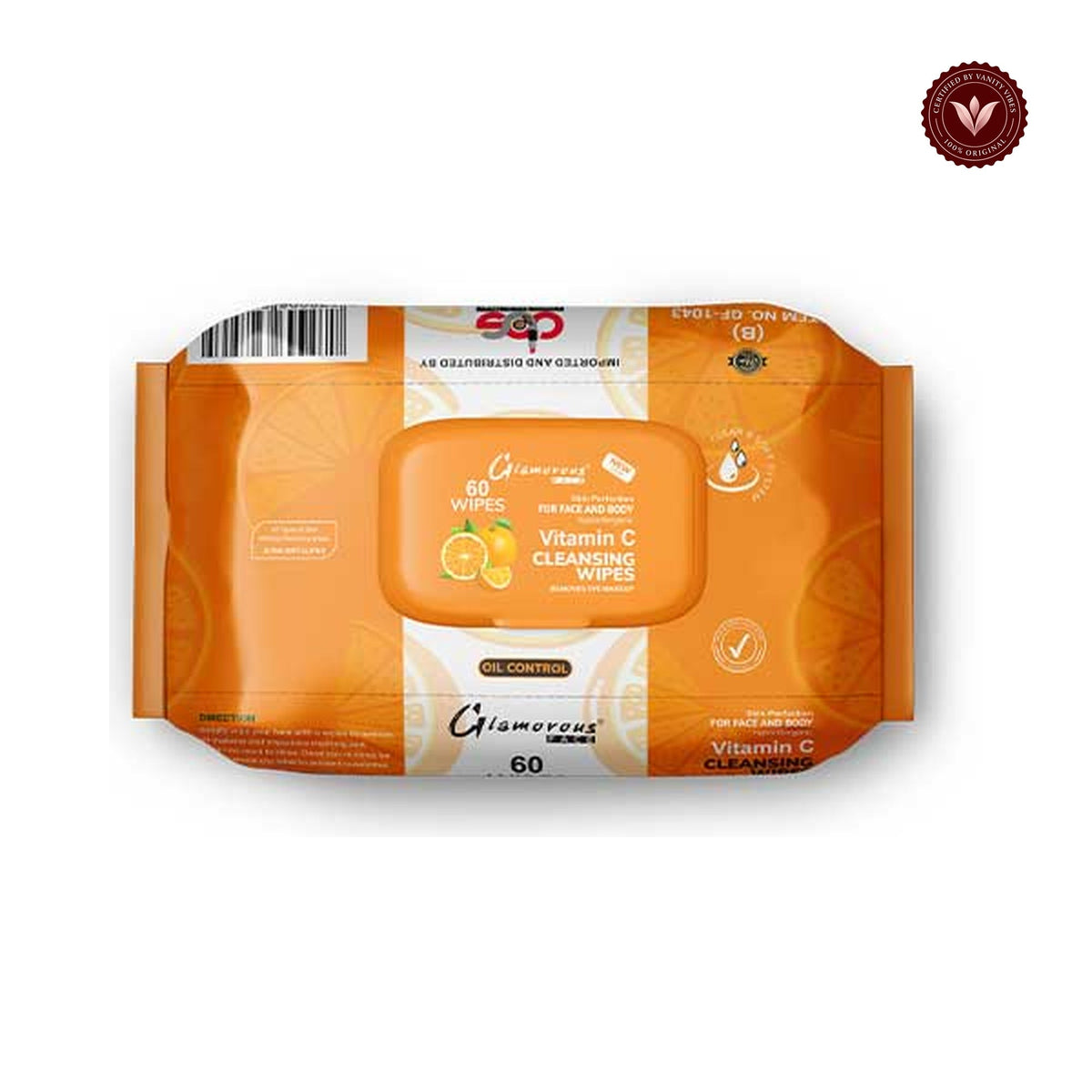Glamorous Face Vitamin C Cleansing Makeup Remover Wipes centered on white with Vanity Vibes badge