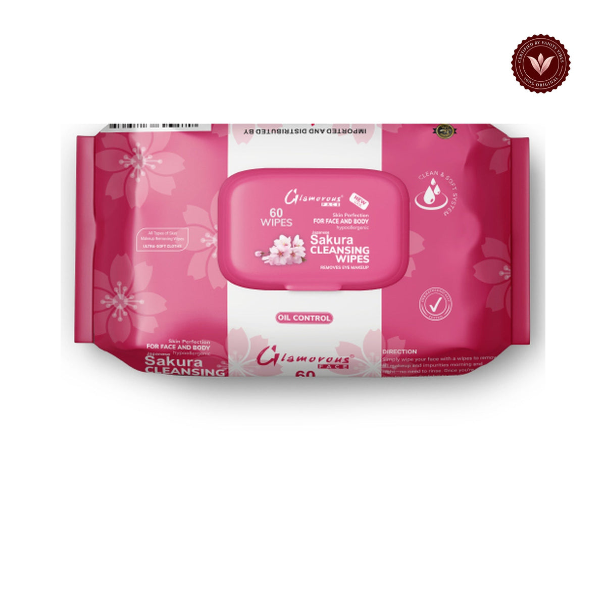Glamorous Face Japanese Sakura Cleansing Makeup Remover Wipes centered on white with Vanity Vibes badge