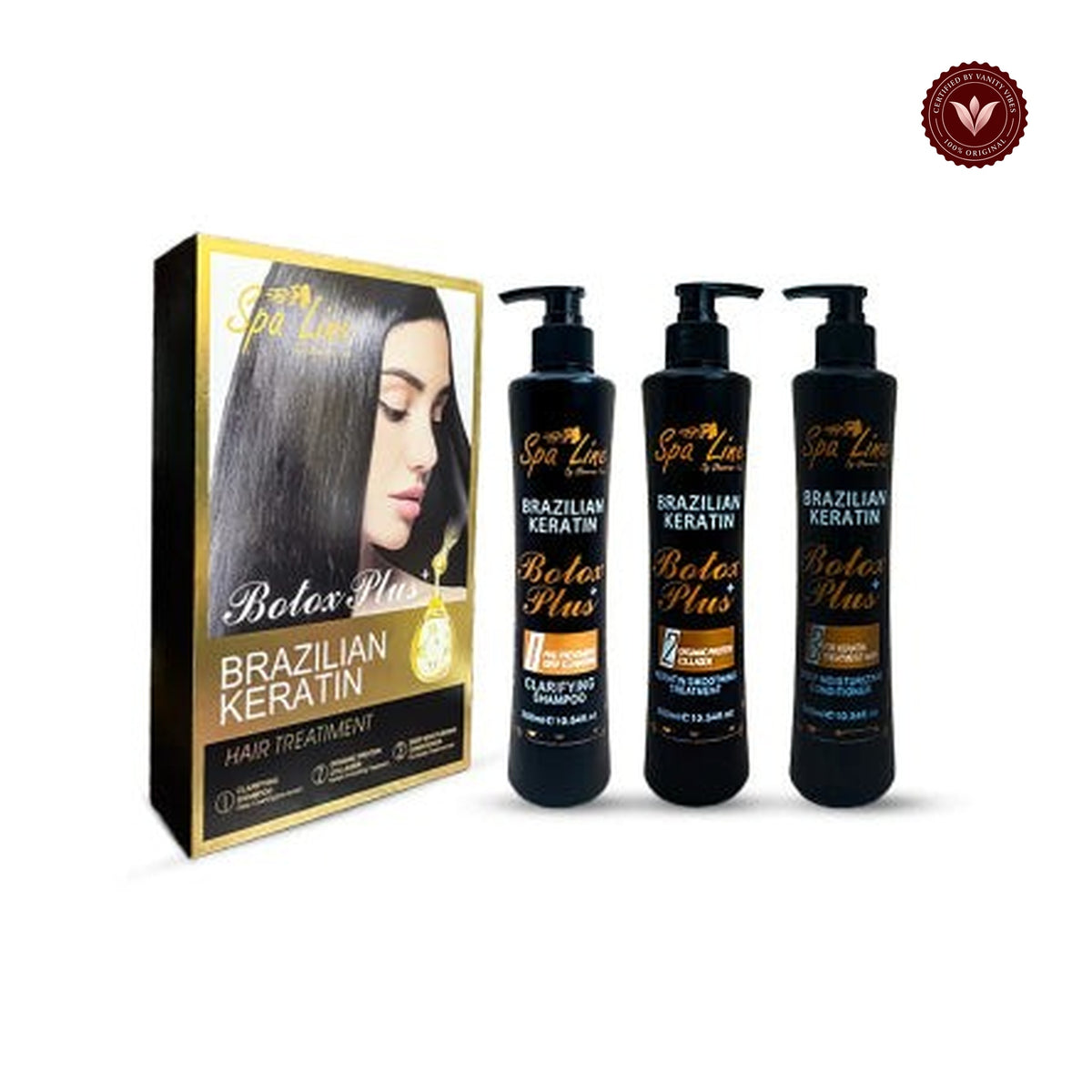 Spa Line By Glamorous Face Brazilian Keratin Hair Treatment white background product image with Vanity Vibes badge