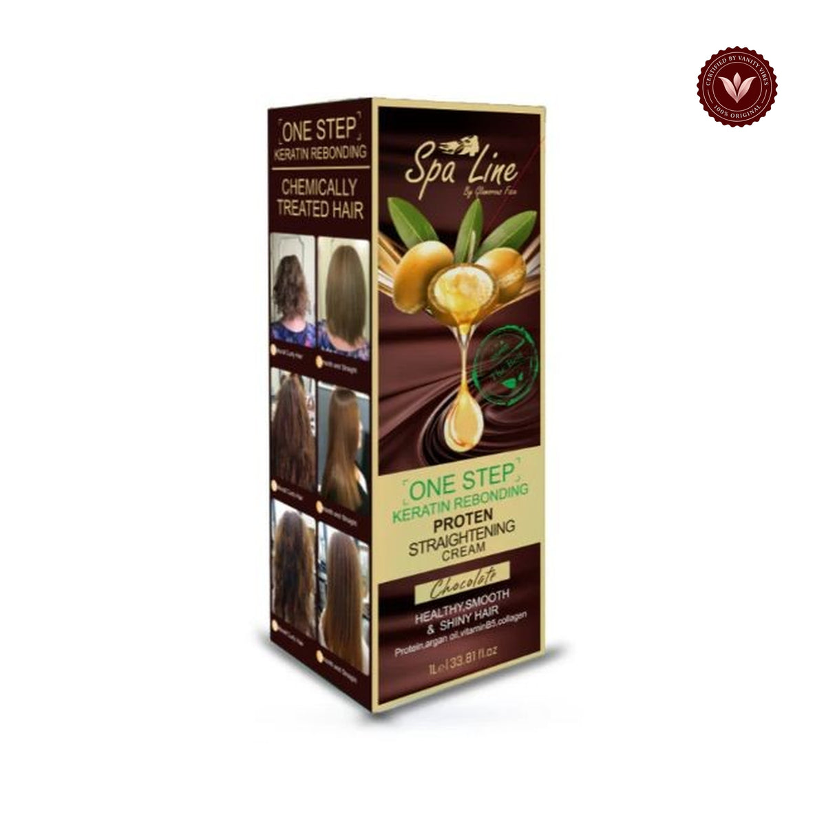 Spa Line By Glamorous Face One Step Keratin Rebonding, Straightening Cream Chocolate 1000 ml Rebonding, white background product image with Vanity Vibes badge