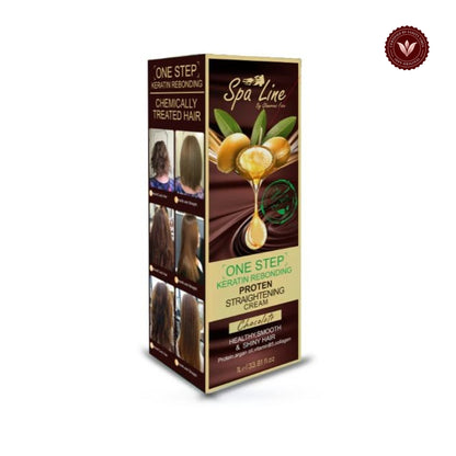 Spa Line By Glamorous Face One Step Keratin Rebonding, Straightening Cream Chocolate 1000 ml Rebonding, white background product image with Vanity Vibes badge