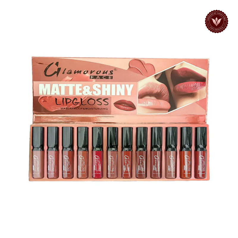 Glamorous Face 12 In 1 Lip Gloss Set COLOUR (B) — centered product photo on white with Vanity Vibes badge