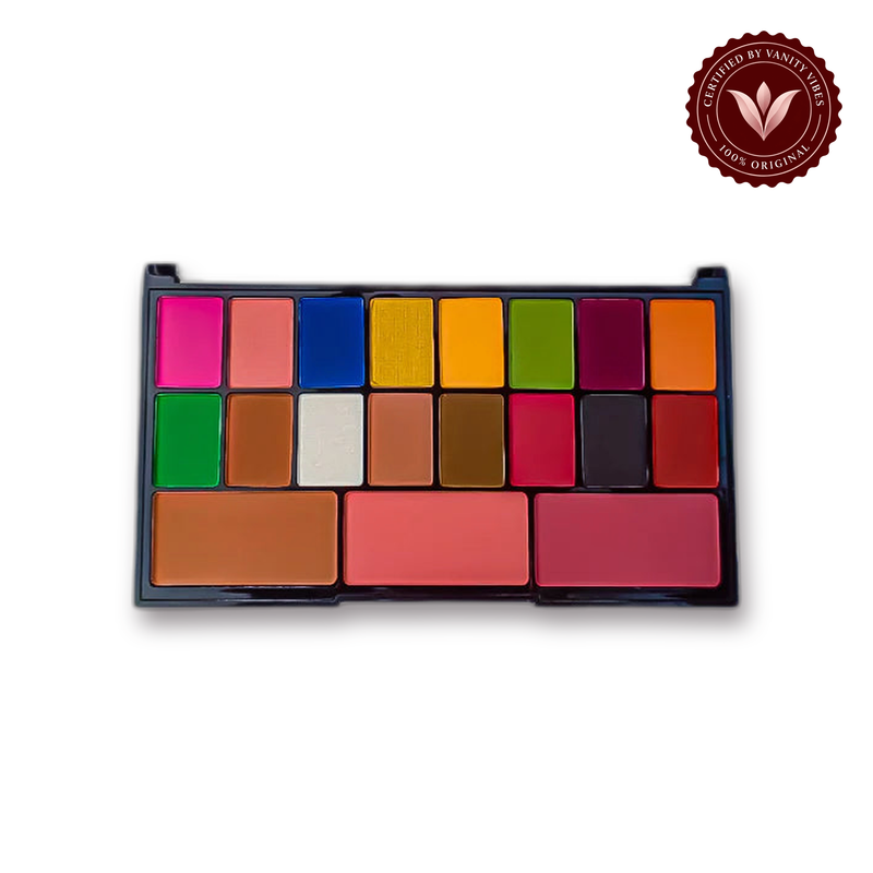 Glamorous Face Eyeshadow Palette 16 Eyeshadows, 2 Blushers Peach & Pink, 1 Contour (01) white background product hero with Vanity Vibes badge