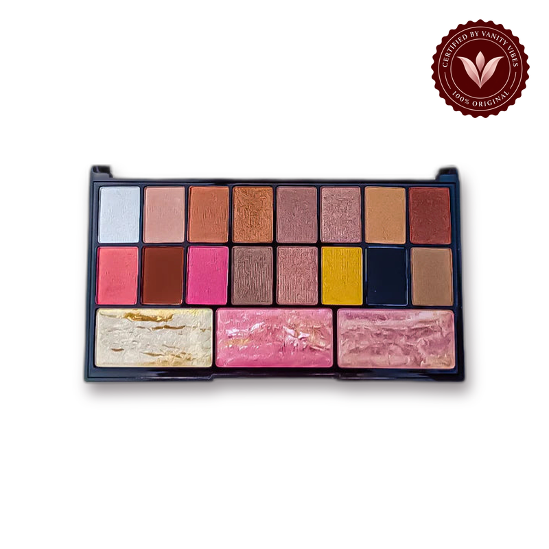 Glamorous Face Eyeshadow Palette 14 Shimmer, 2 Matte, Terracotta Blush, Highlighter (02) white background product hero with Vanity Vibes badge