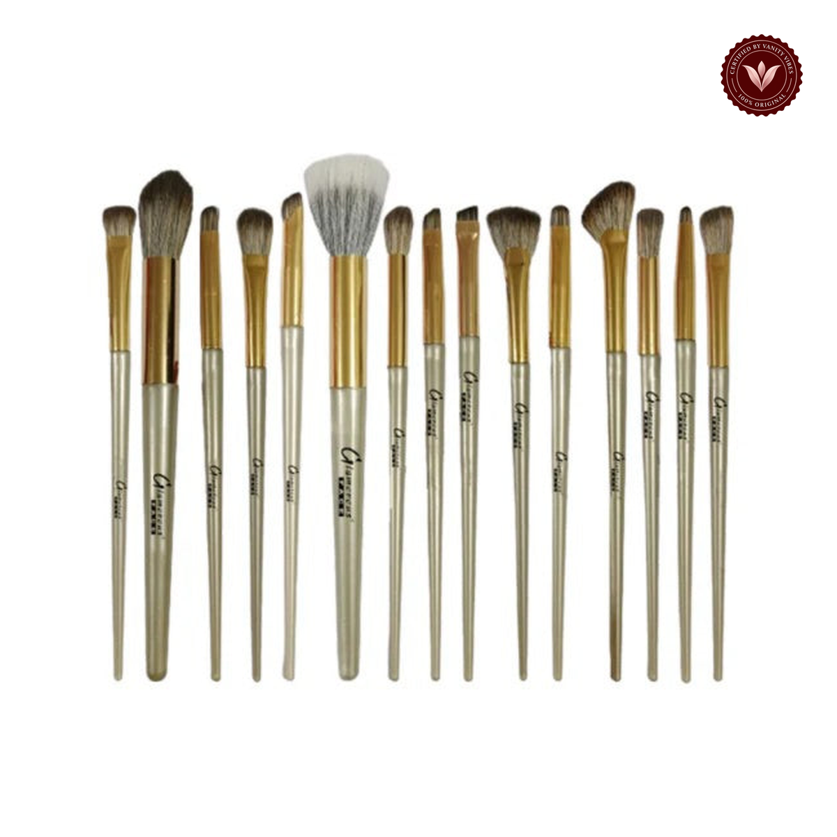 Glamorous Face 15-Piece Eye & Face Makeup Brush Set Professional Brushes for Flawless Application — centered product photo on white with Vanity Vibes badge