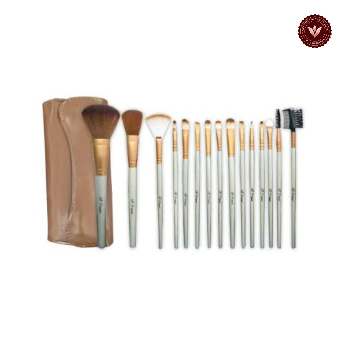 Glamorous Face 15 Piece Leather Brush set — centered product photo on white with Vanity Vibes badge