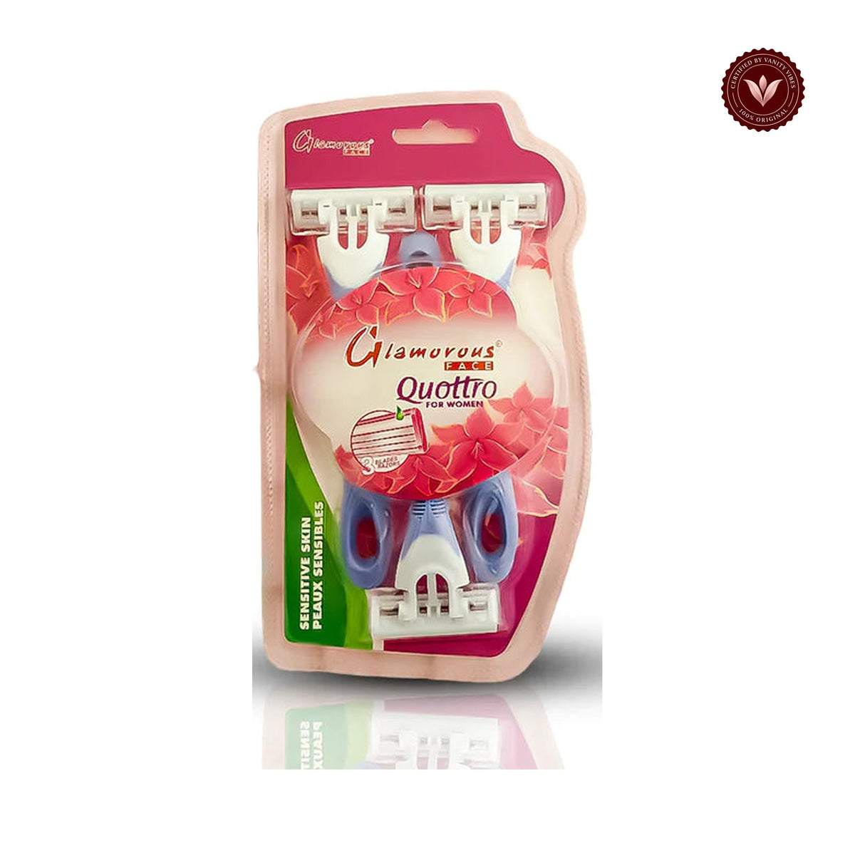 Glamorous Face 3 In 1 Adjustable Razor 3 blades For Women on a white background with Vanity Vibes badge