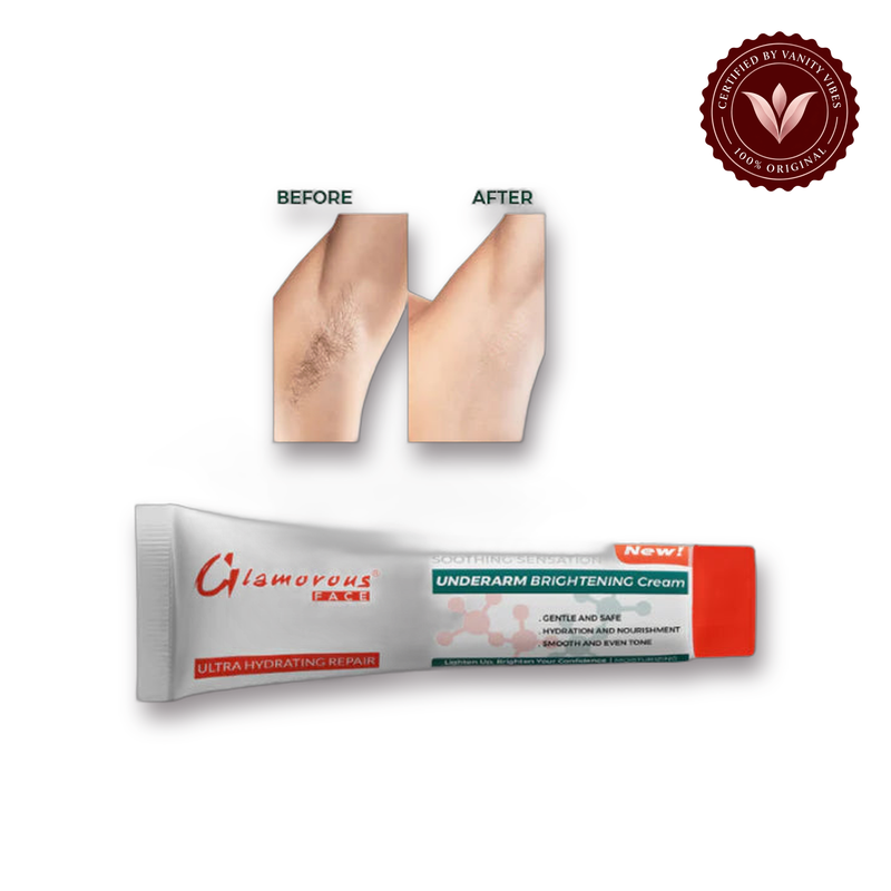 Glamorous Face Under Arm Brightening Cream white background product hero with Vanity Vibes badge