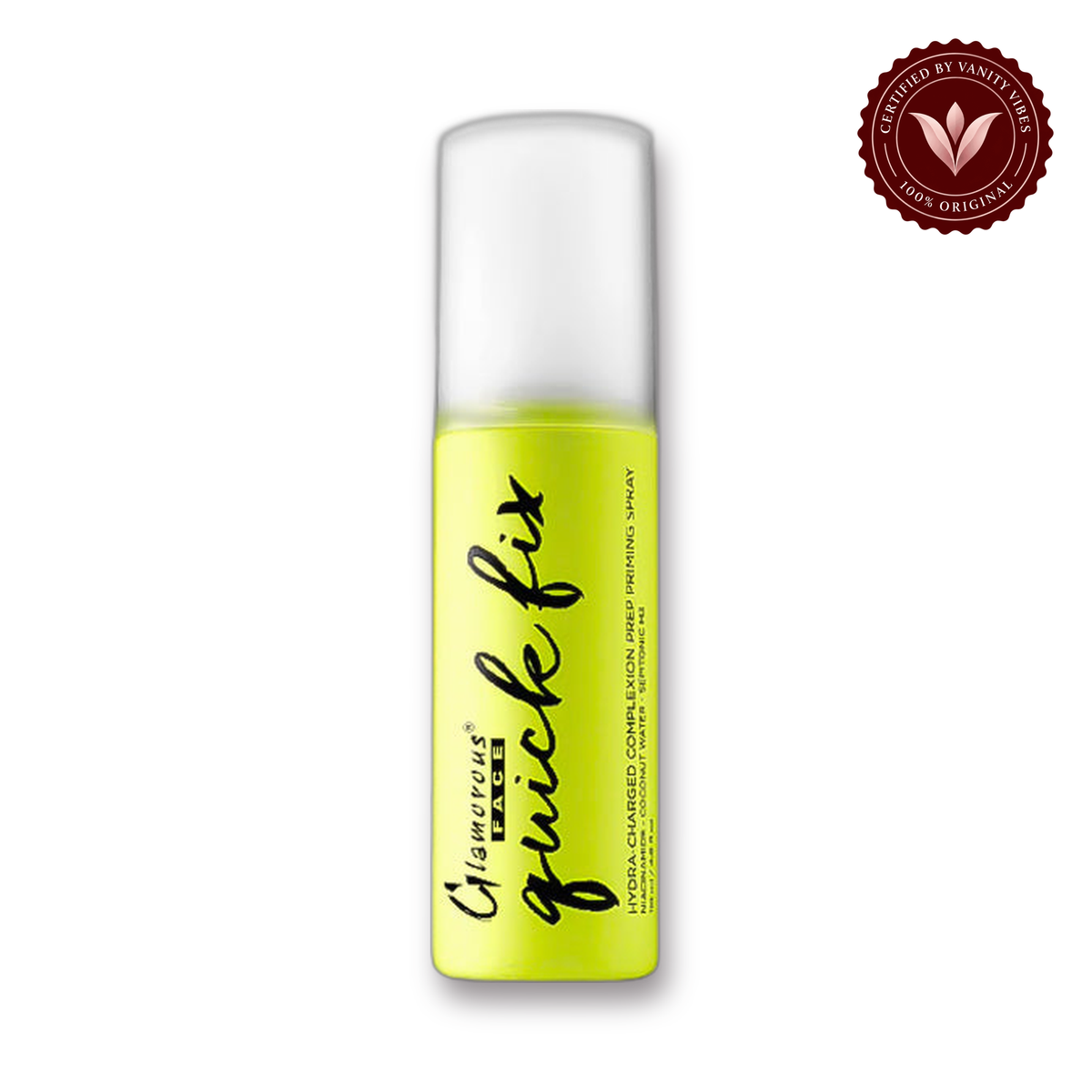 Glamorous Face Quick Fix Makeup Fixing Toner 118ML white background product hero with Vanity Vibes badge