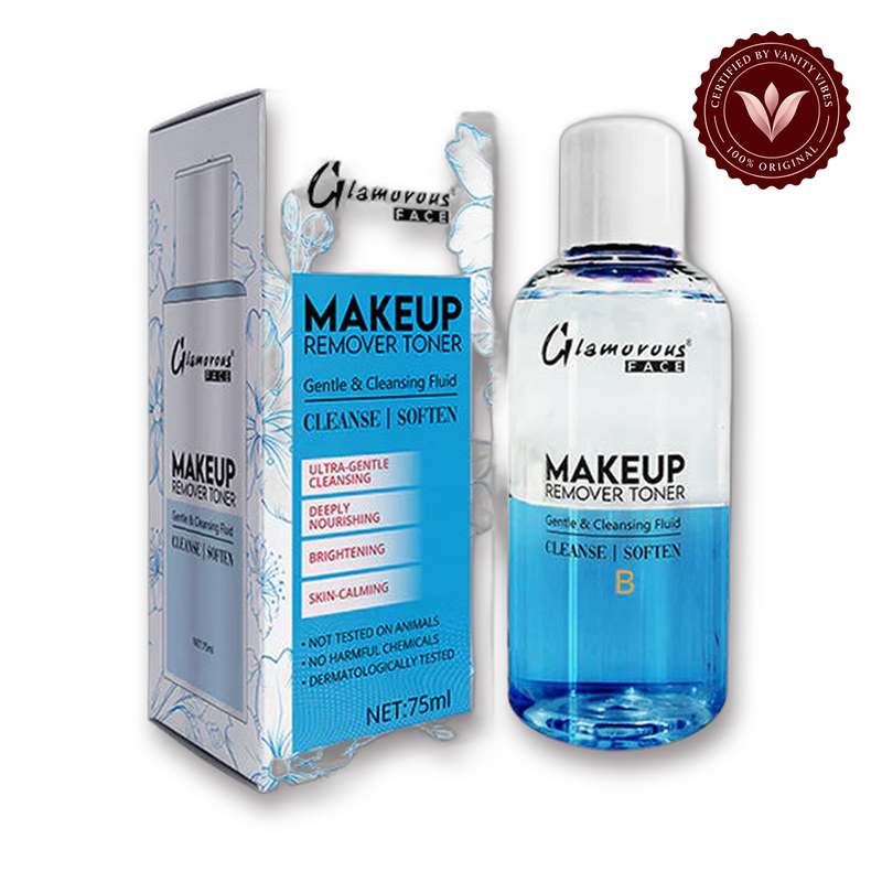 Glamorous Face Makeup Remover Toner (BLUE) white background product hero with Vanity Vibes badge