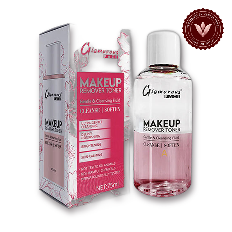 Glamorous Face Makeup Remover Toner (PINK) white background product hero with Vanity Vibes badge