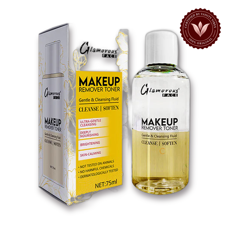 Glamorous Face Makeup Remover Toner (YELLOW) white background product hero with Vanity Vibes badge
