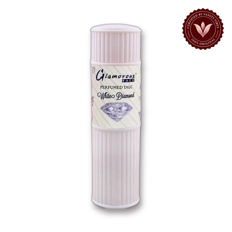 Glamorous Face Talcum Powder Small (White Diamond) white background product hero with Vanity Vibes badge