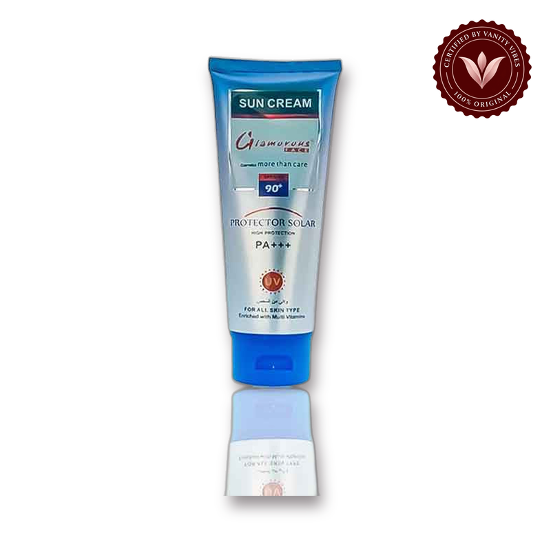 Glamorous Face Sun Cream Sunblock UV 90+ 150ml white background product hero with Vanity Vibes badge