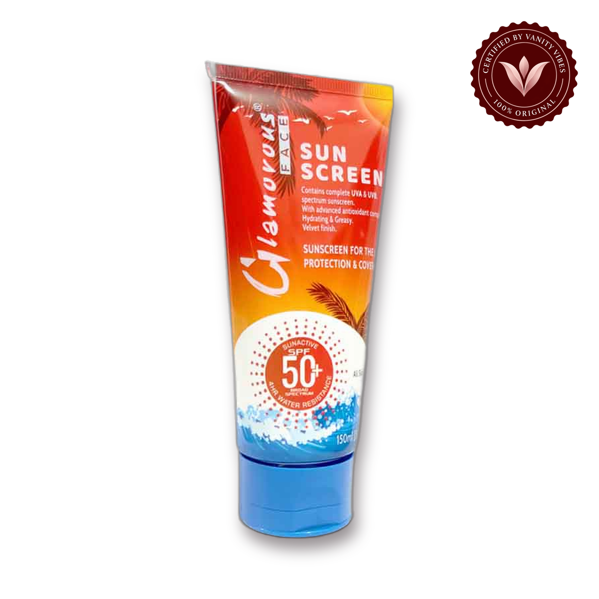 Glamorous Face Sun Screen Lotion Sunblock SPF50+ UVA UVB 150ml white background product hero with Vanity Vibes badge