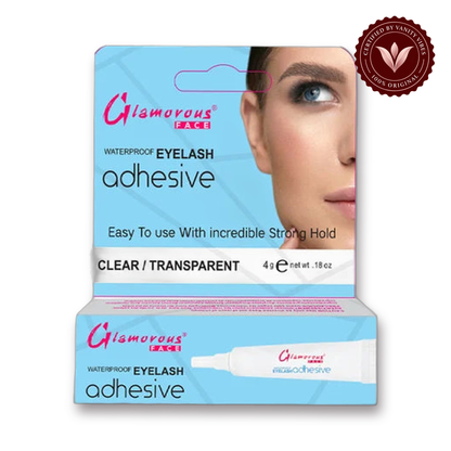 Glamorous Face Transparent Eyelash Adhesive/Glue white background product hero with Vanity Vibes badge