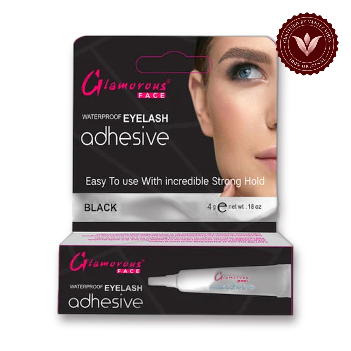 Glamorous Face Black Eyelash Adhesive/Glue white background product hero with Vanity Vibes badge