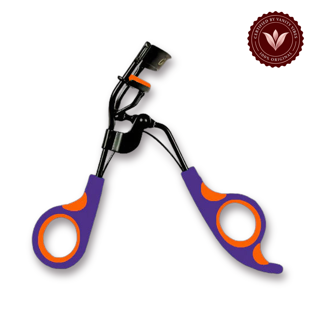 Glamorous Face Pro Lash Curler With Silicone Rubber (Purple&Orange) white background product hero with Vanity Vibes badge