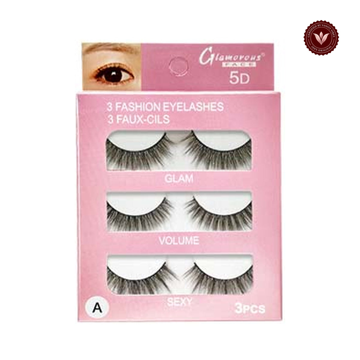 Glamorous Face 3×1 5D Eyelashes Group A on a white background with Vanity Vibes badge